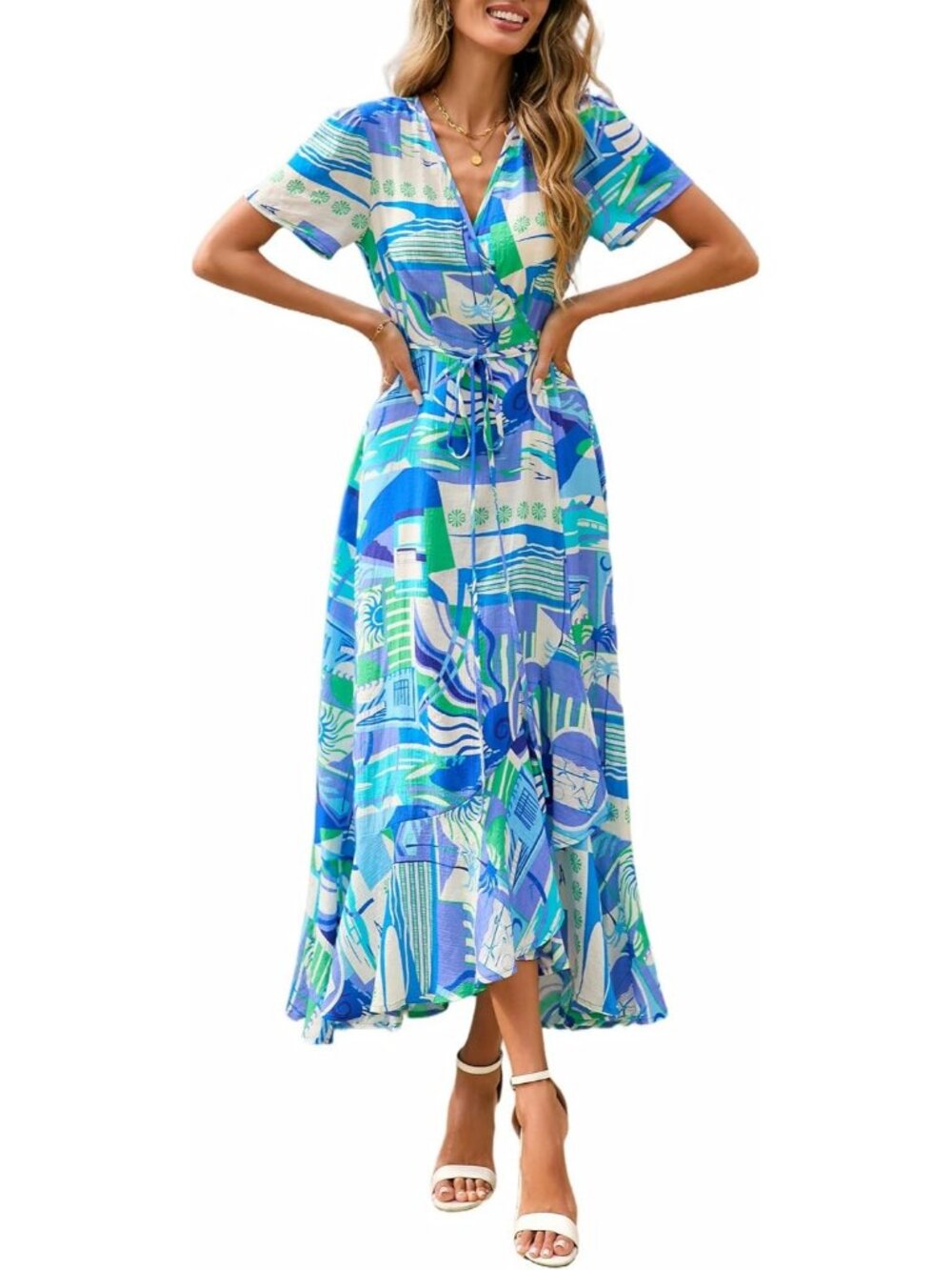 Women's Blue Floral V Neck Casual Short Sleeve Outfits Pull On Zipper Maxi Dress